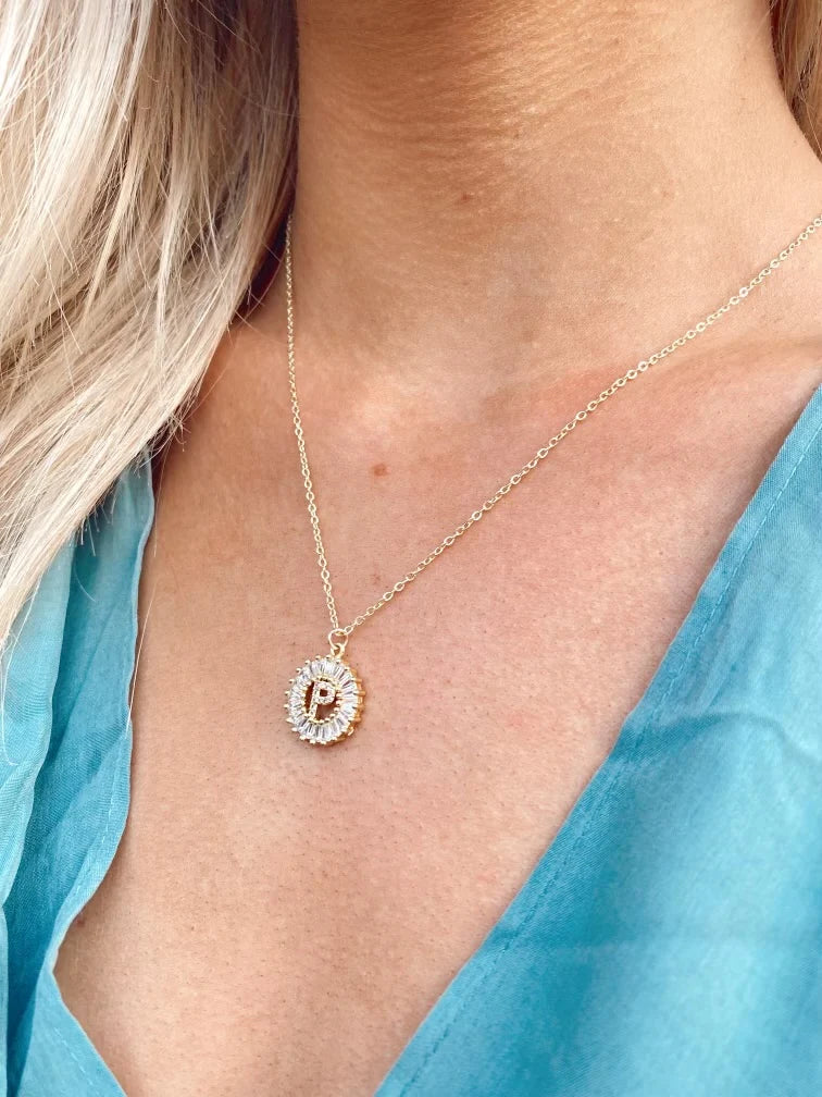 Circle Baguette Initial Necklace