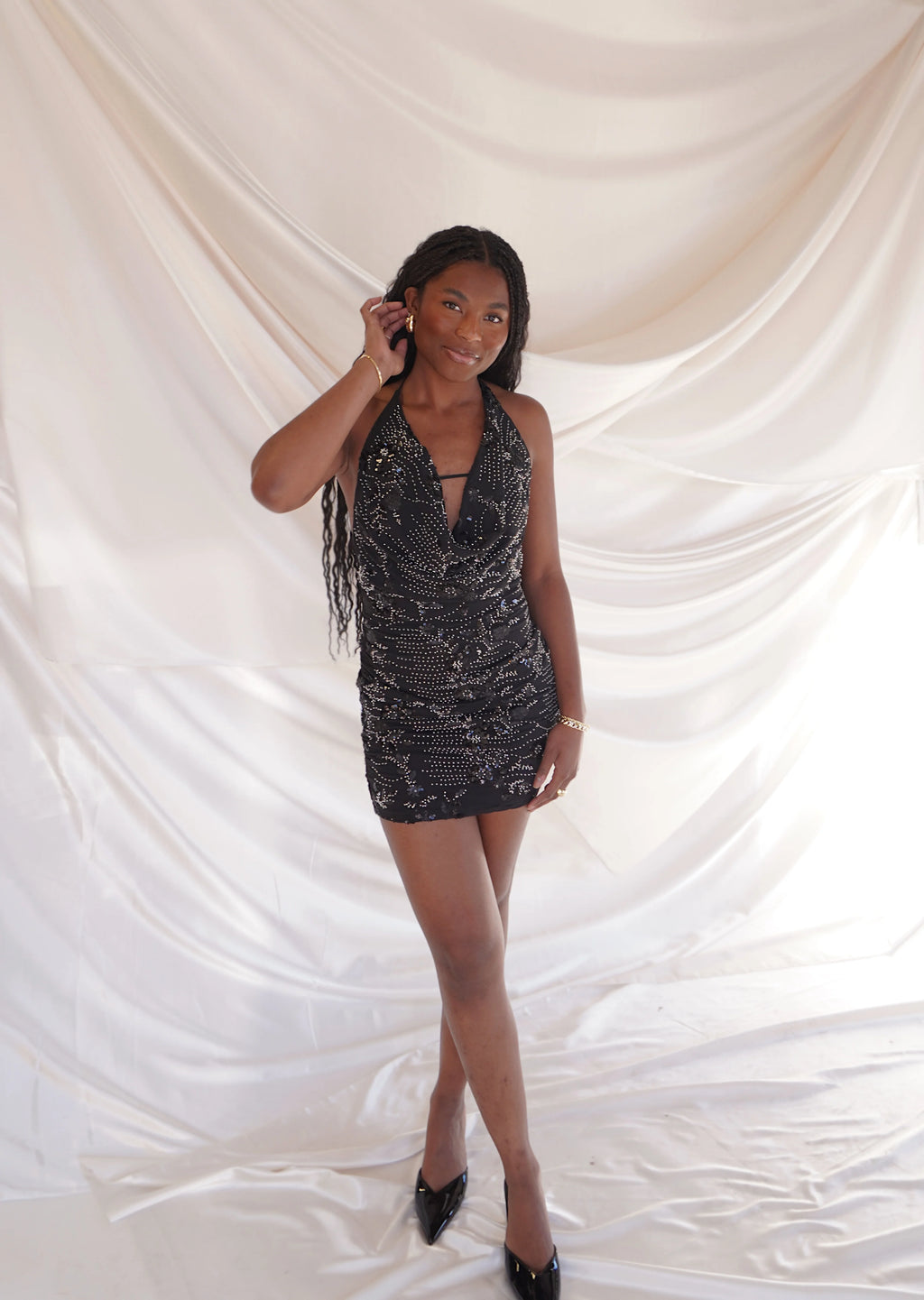 Cowl Halter Neck Sequin Dress