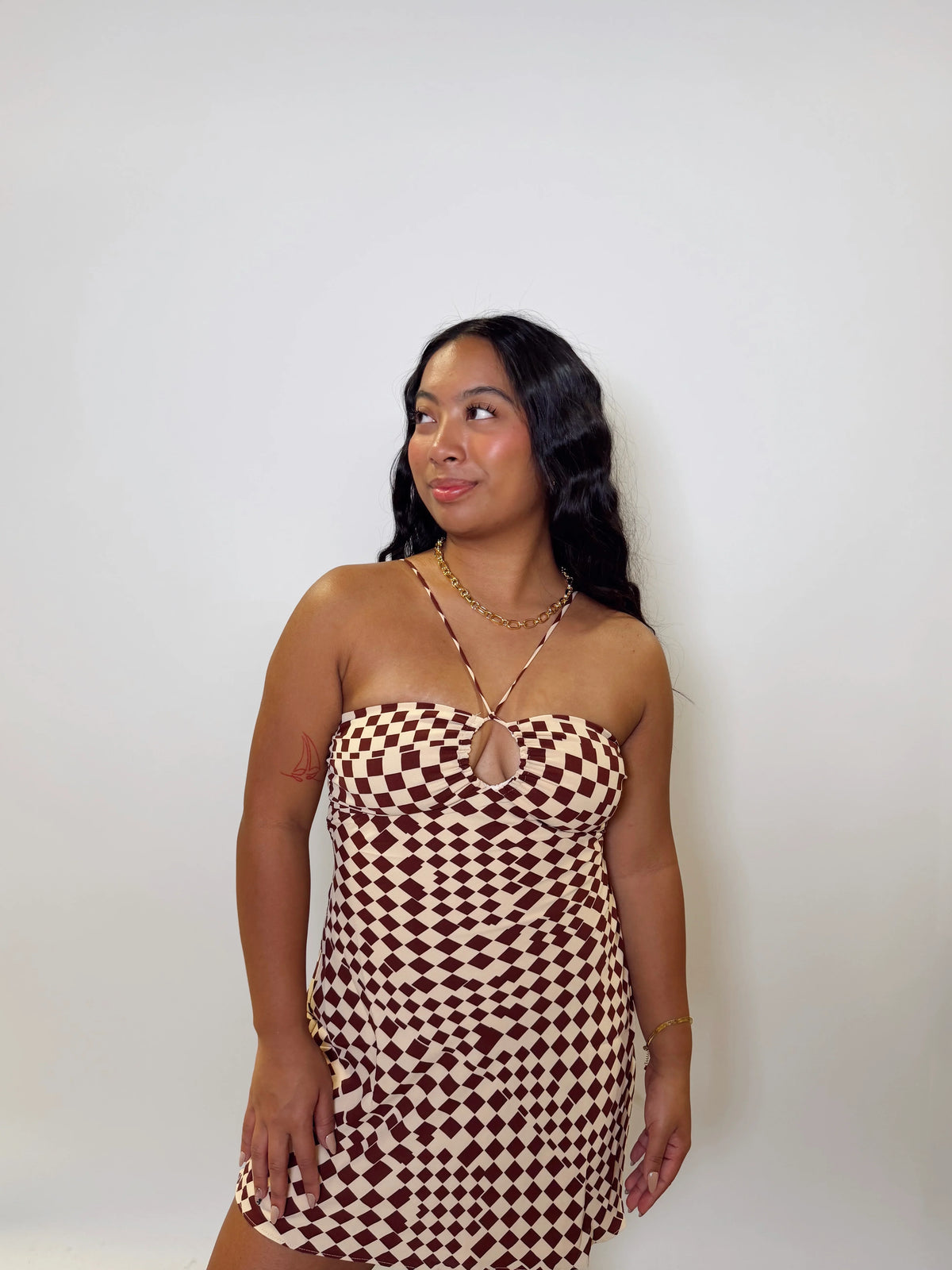 Brown Checkered Mini Dress