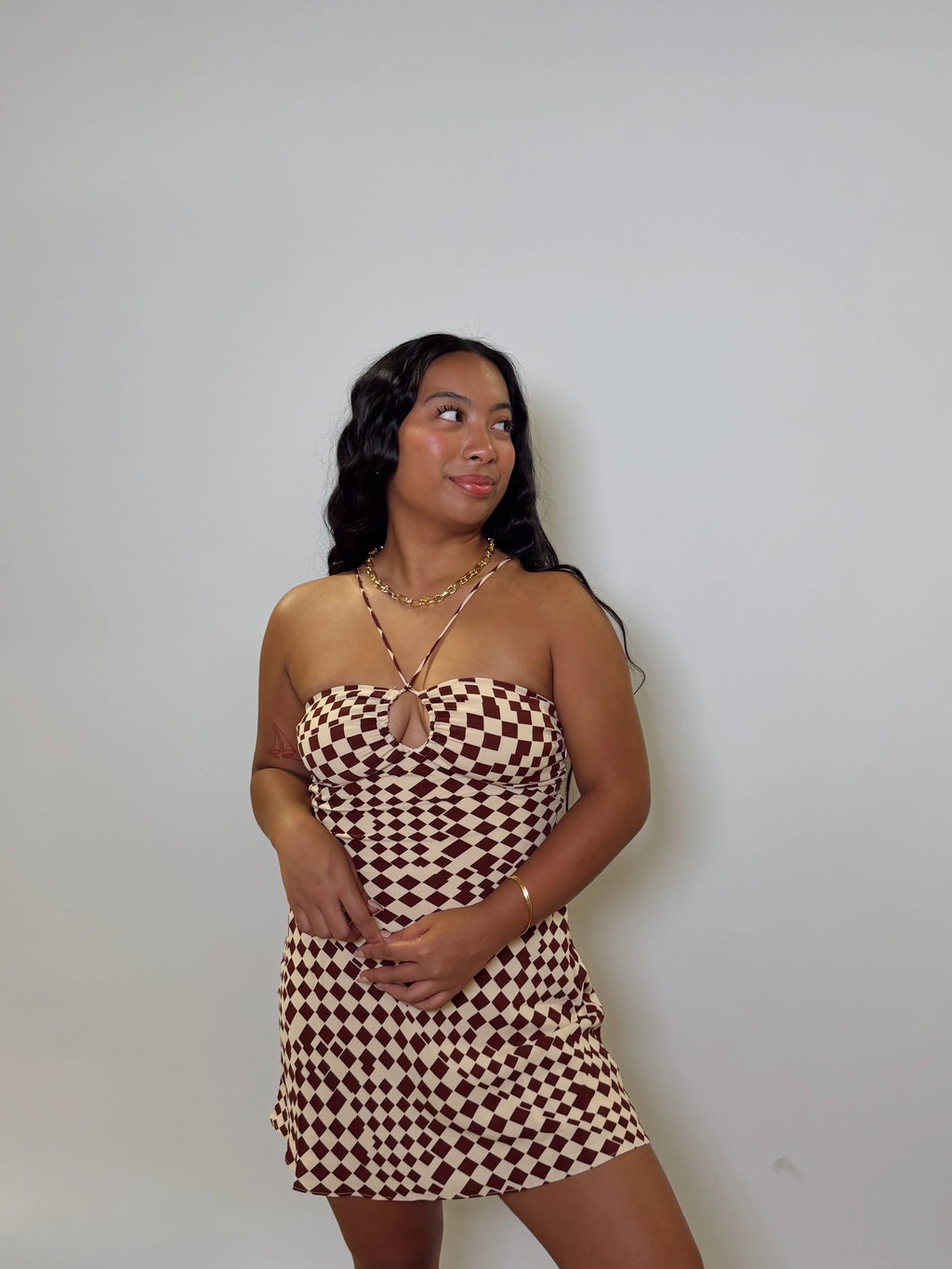 Brown Checkered Mini Dress
